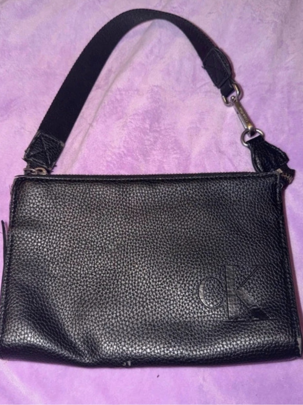 Calvin Klein Black Pebbled Leather Messenger Bag with Strap